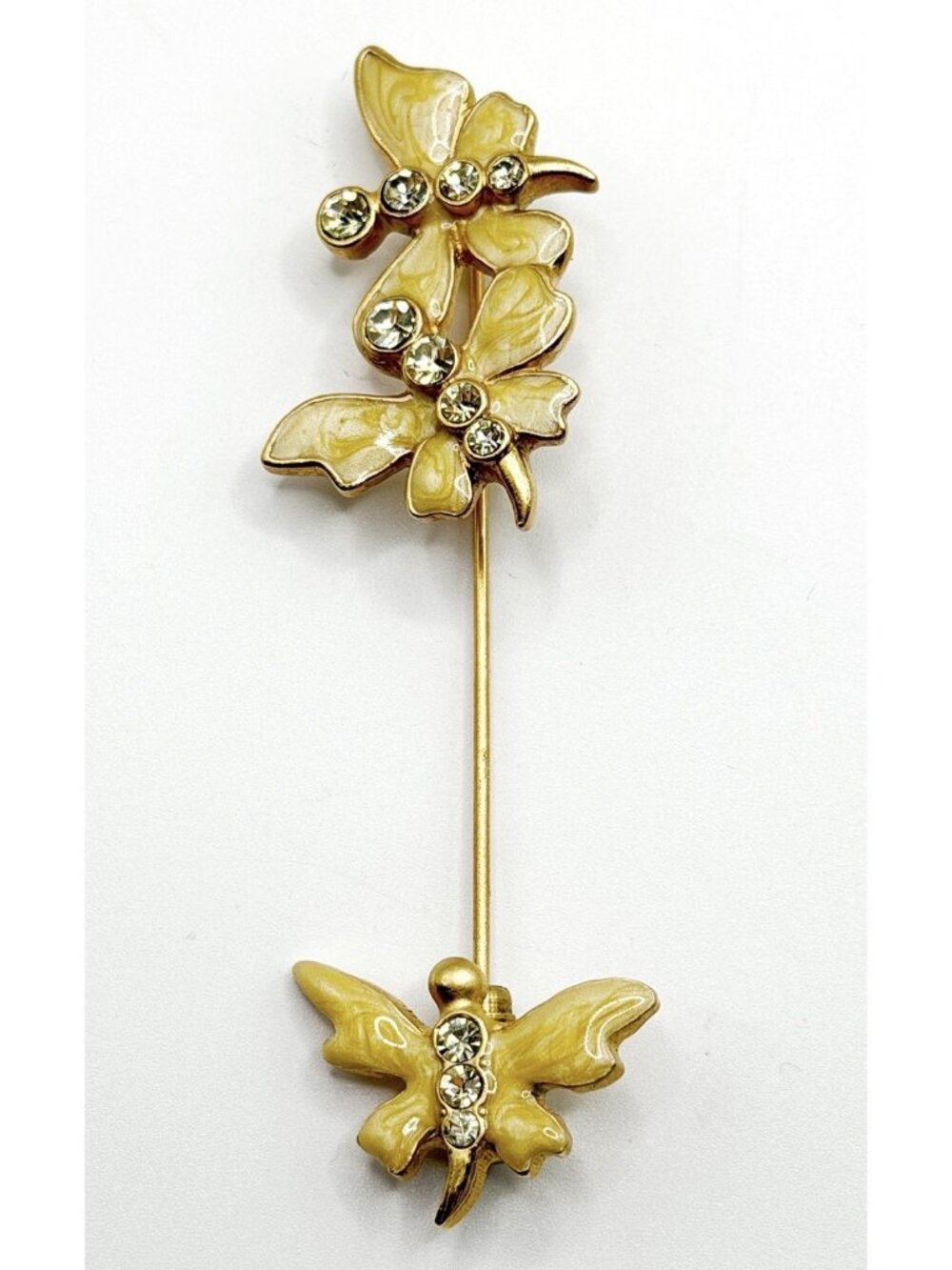 Elegant Enamel Rhinestone Butterflies Stick Pin Gold Tone 3”
